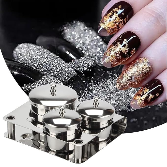 Manicure Stainless Steel Cup Set Nail Art Acrylic Liquid Holder Professional Stainless Steel Storage Box Acrylic Powder Organizer Tray (3PCS)