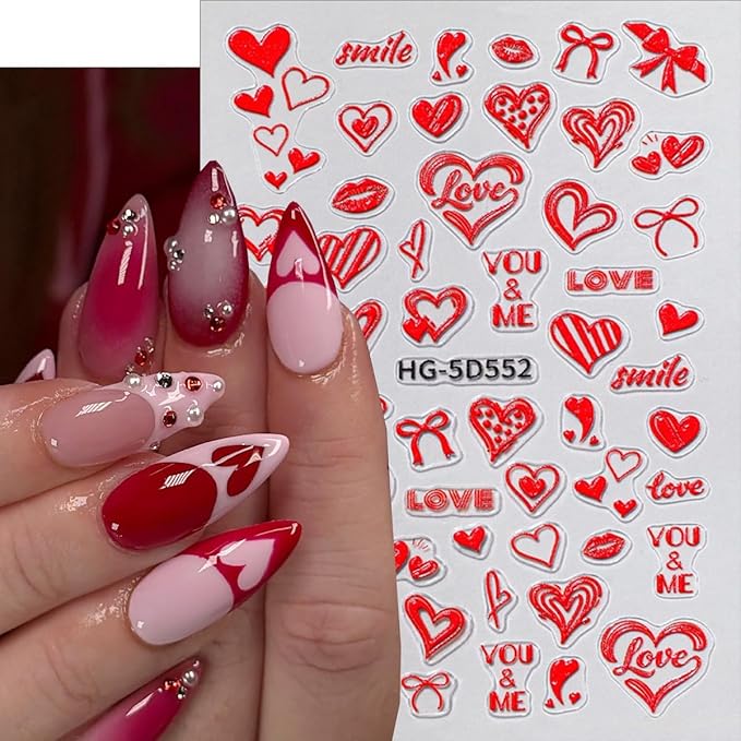4Pcs Valentines Day Nail Stickers 5D Embossed Red Lips Heart Nail Art Stickers Leopard Print Lips Bow Love Designs Self-Adhesive Nails Art Supplies Holiday Nail Decals for Women Manicure Decorations