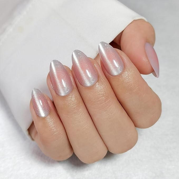 Press On Nails - Halo | White and Pink Cat Eye, UV Finish Medium Almond Nails, Salon Quality | 32 Nails, 16 Sizes Kit with Glue and Adhesive Tabs I Female Founded