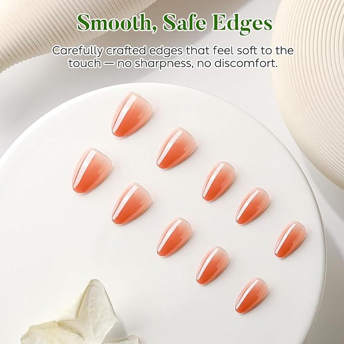 Luxbon Short Almond Durable Press On Nails with No-Cure Nail Glue and Tool Kit – Chrome Soft Gel Tips 25-30pcs Full Size Set, Reusable Fake Nails for Women, Stick On Nails, Tomato