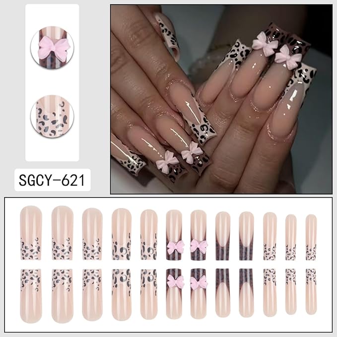 Long Square Press on Nails Fake Nails Artificial Nail Stick on Nail for Women Black White Leopard Print with Cute Pastel Pink Bow Knots Design