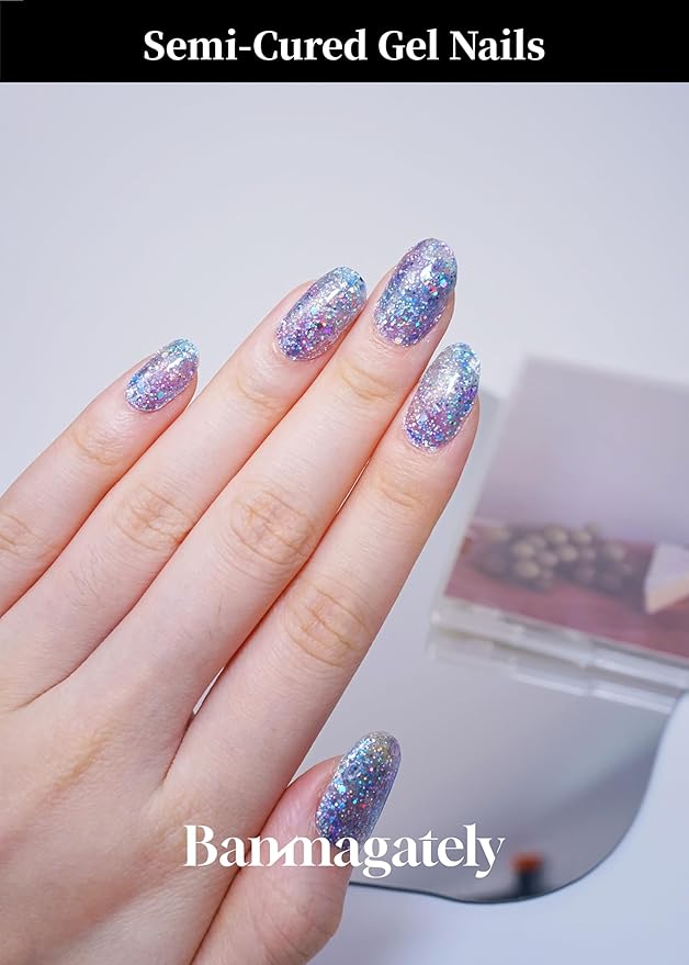 Semi Cured Gel Nail Strips, 20Pcs Long Lasting Salon Quality Wraps, Easy Apply & Remove Gel Nail Stickers with UV Light (Frost Shard Blue)