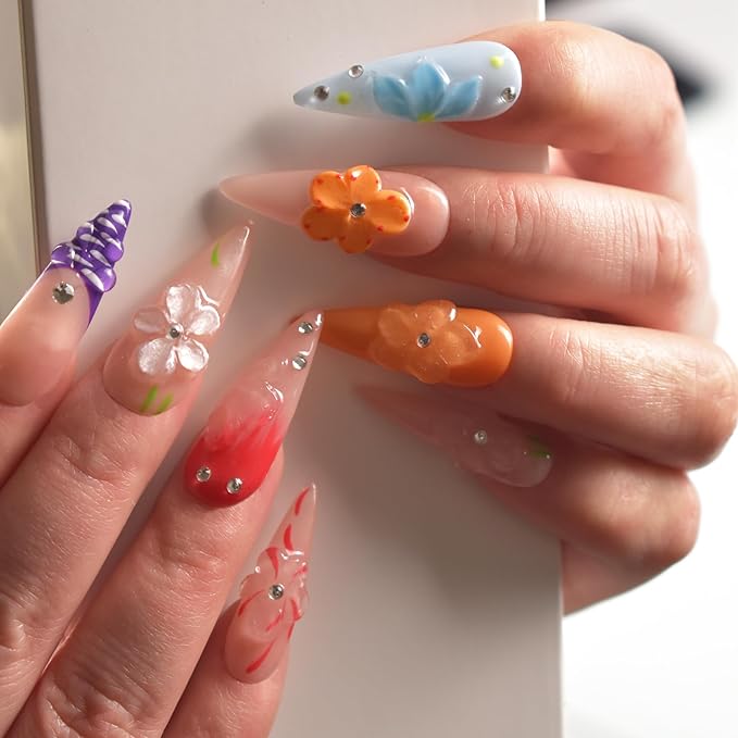 Handmade Press On Nails Long Stiletto Fake Nails Glue Stick On Nails with Flowers Bling Rhinestones