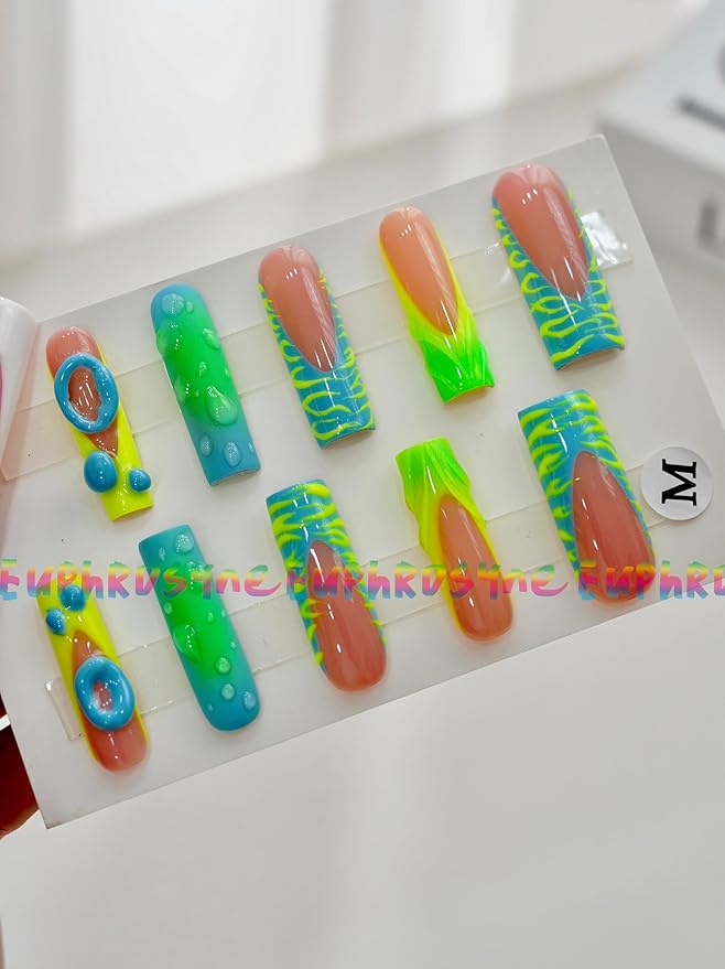 10PCS Neon Green and Blue Press On Nails – Long Coffin Fake Nails with Abstract Swirl Design, 3D Bubble Drops & Retro Y2K Charms, Reusable Trendy Nails for Women and Girls – Euphrosyne