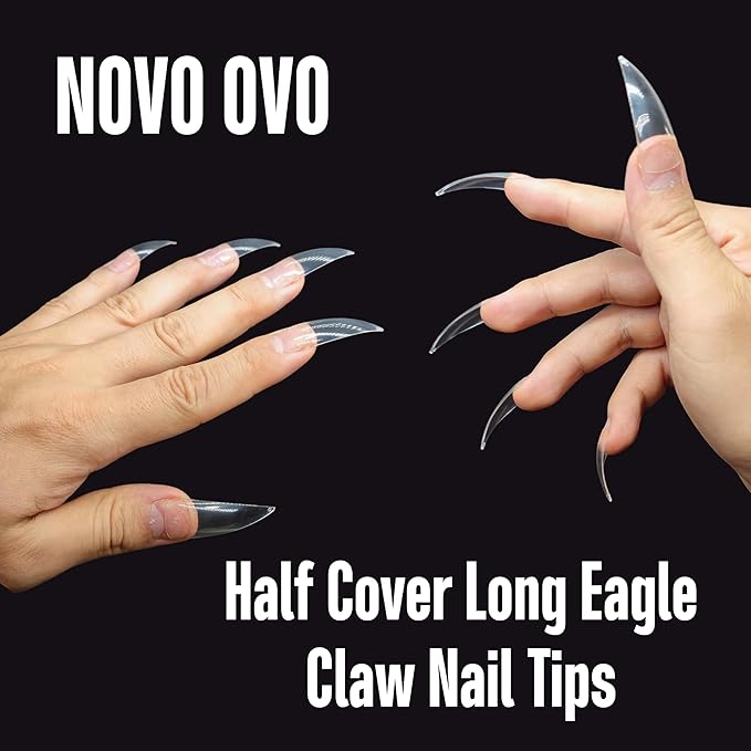 NOVO OVO Halloween 504 pcs Half Cover Curved Stiletto Long Eagle Claw Nail Tips, Clear Extra Super Deep Hawk Curve False Nail Extension for Acrylic, Sharp Fake Nails Cosplay Claws 12 Sizes in Bag