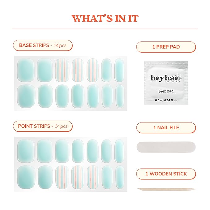 Heyhae Semi Cured Gel Nail Strips | No LED Lamp Needed | Summer, Solid, Blue | Easy Apply & Remove, Salon Quality | Includes 28 Strips, 1 Prep Pads, Nail File & Wooden stick - Hey, Pajama Party?