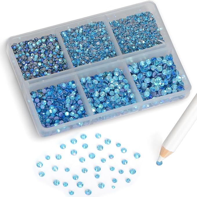 8000pcs Hotfix Rhinestones Flatback,Rhinestones for Crafts Clothes Mixed 6 Sizes, Hotfix Crystals with Wax Pencil Kit, SS3-SS12,Aquamarine AB