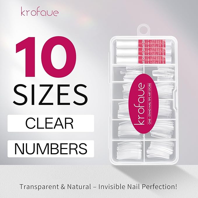 krofaue 100PCS Clear False Nails Tips and Nail Gule Kit, Half Cover Lady French Style Acrylic Artificial Tips 3Pcs Nail Glue for Nail Extension kit Nail Tips Art Salons and Home DIY