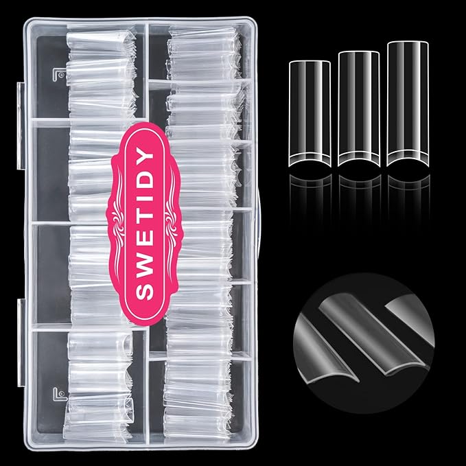 Clear Acrylic Square Nail Tips, SWETIDY 500pcs No C Curve XL Long Square Shaped Straight Fake Nails Flattened Half Cover Artificial Nails with Box for Nail Salon Professional and DIY Nail Art 10 Sizes