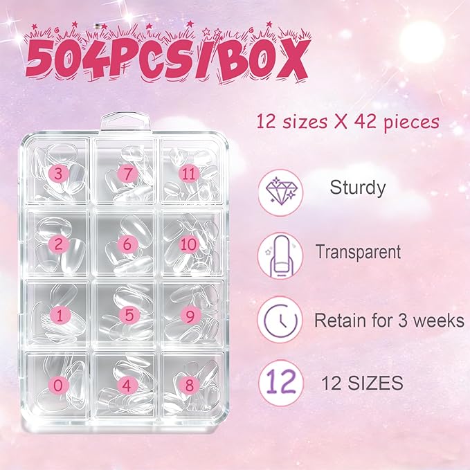 Extra Short Almond Kid Nail Tips,504Pcs Soft Gel Nail Tips Pre-Shaped Press On Nails For Kids,Clear Acrylic Half Matte Full Cover Fake Nail For Kids DIY Extension & Salon Use12 Sizes