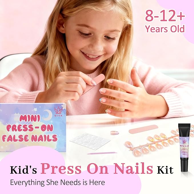 16 Sizes 128 Pieces Press on Nails for Kids, 4 pack Kids Nail Kit Colorful Flower Almond Fake Nail Tips for Girls 8-12 Years Old with Jelly Nail Adhesives & Nail Glue Birthday Easter Gifts