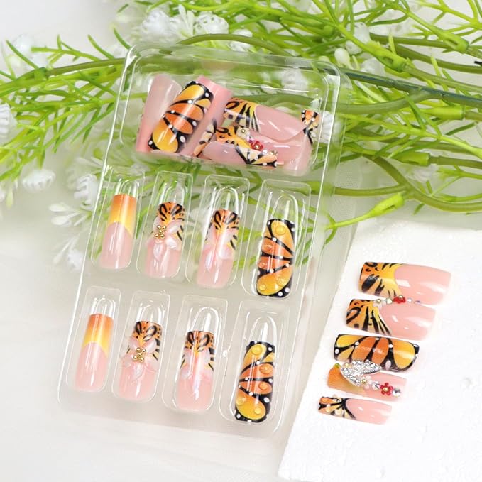 Butterfly Press on Nails Medium Long Square Fake Nails with Butterfly Charm Flower Designs French Tip Glue on Nails Press ons Acrylic Glossy Full Cover Stick on Nail for Women 24 Pcs