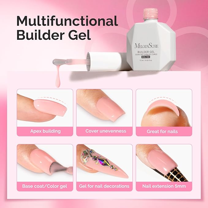 MelodySusie Hema Free Builder Gel Set for Nails Thickening, Nude and Pink, 6PCS 0.5 Fl Oz, Tpo Free, Soak Off UV Extension Gel, Nail Art Design Salon DIY Manicure at Home for Women