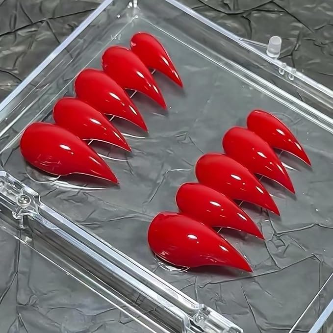 Luxury Press on Nails Medium Stiletto Handmade Eagle Claw Reusable ABS Material Red Curved Fake Nails Dragon Claw Solid Colour Design Cat Claw Unique Glossy Glue on Nail Thick Acrylic Nails(S)