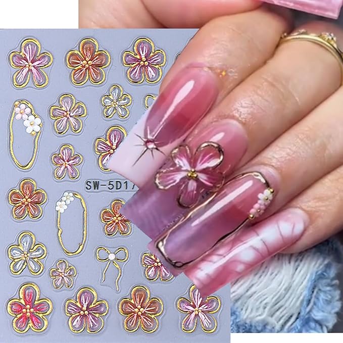 Flower Nail Stickers Decals 5D Embossed Flower Nail Decals Pink Five-Petaled Gold Floral Circle Spring Summer Nail Art Design Bow Tie Flowers Nail Adhesive Decals for DIY Nail Art Decorations 2Pcs