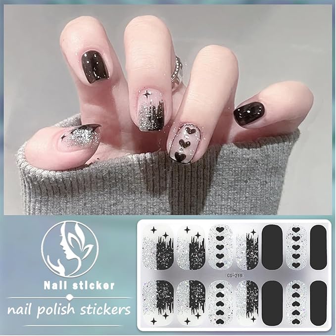 Valentines Nail Polish Stickers Self Adhesive French Tip Nail Stickers Black White Pink Heart Gel Nail Stickers Romantic Valentines Day Gel Nail Strips Cute Bow Full Nail Wraps Stickers for Women 4Pcs