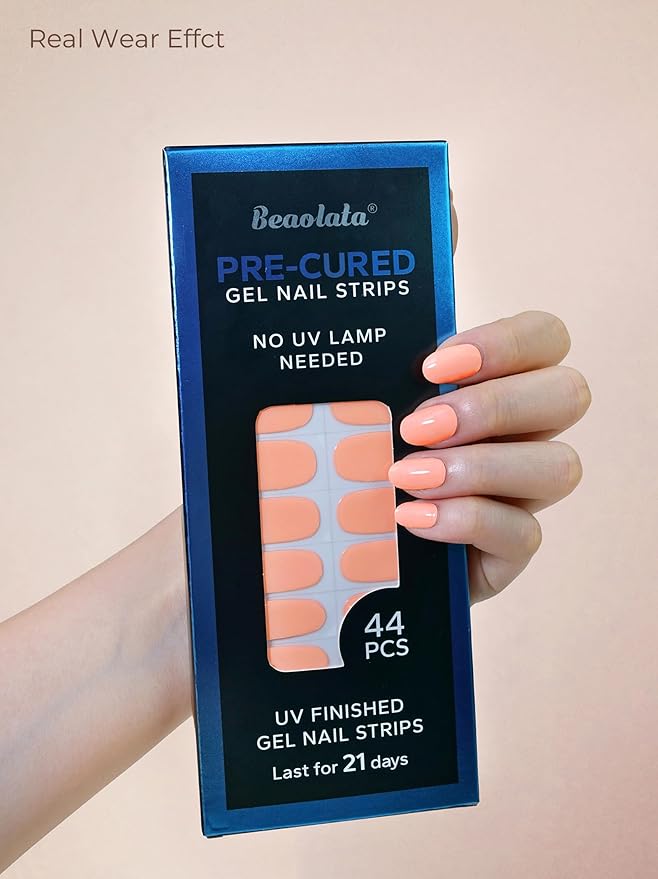 Pre Cured Gel Nail Strips - 44PCS Salon Quality Gel Nail Stickers - Long Lasting Polish Wraps for Women no UV Light Needed Easy Apply& Remove (Desert Sand Nude)