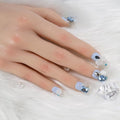 Fake Nails Set Blue Long Square Bling Glossy 3D Flower Rhinestone False Nail Tips, Press On Nails, Artificial Art Nails Finger Manicure for Women and Girls(CDJ0001-L)