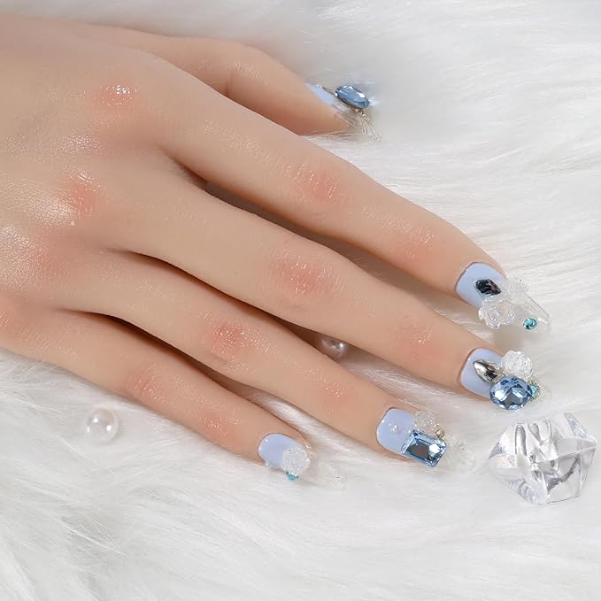 Fake Nails Set Blue Long Square Bling Glossy 3D Flower Rhinestone False Nail Tips, Press On Nails, Artificial Art Nails Finger Manicure for Women and Girls(CDJ0001-L)