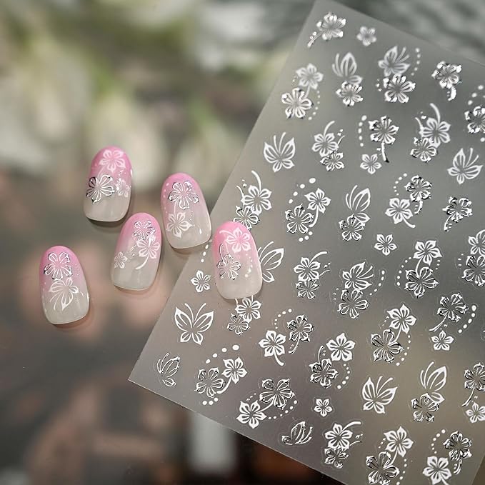 Spring Nail Stickers Silvery Flower Nail Art Stickers 5D Embossed Nail Decals White Butterfly Self-Adhesive Nail Art for Women Floral Nail Manicure Decoration