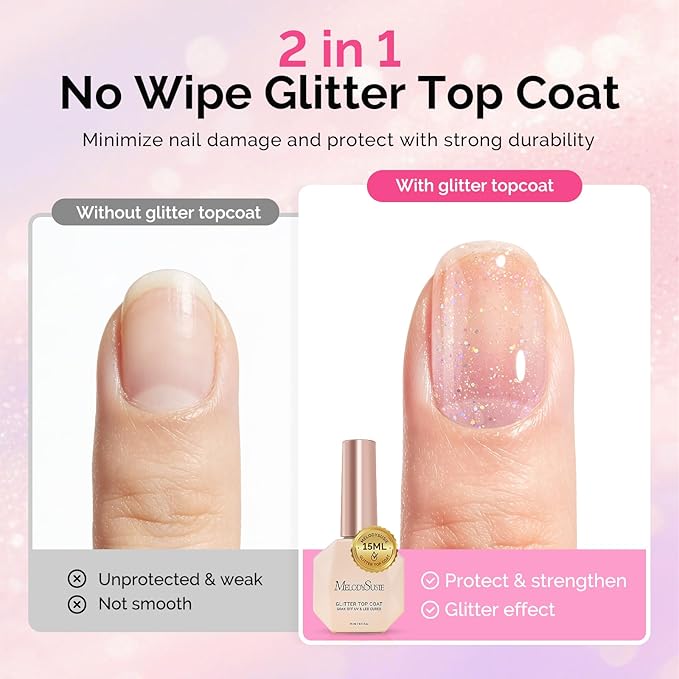 MelodySusie Glitter Gel Top Coat- No Wipe Reflective Iridescent Glitter Top Coat, High Gloss Shine Finish Long Lasting Top Gel Nail Decoration for Home DIY and Nail Salon Gift for Women 0.5fl oz