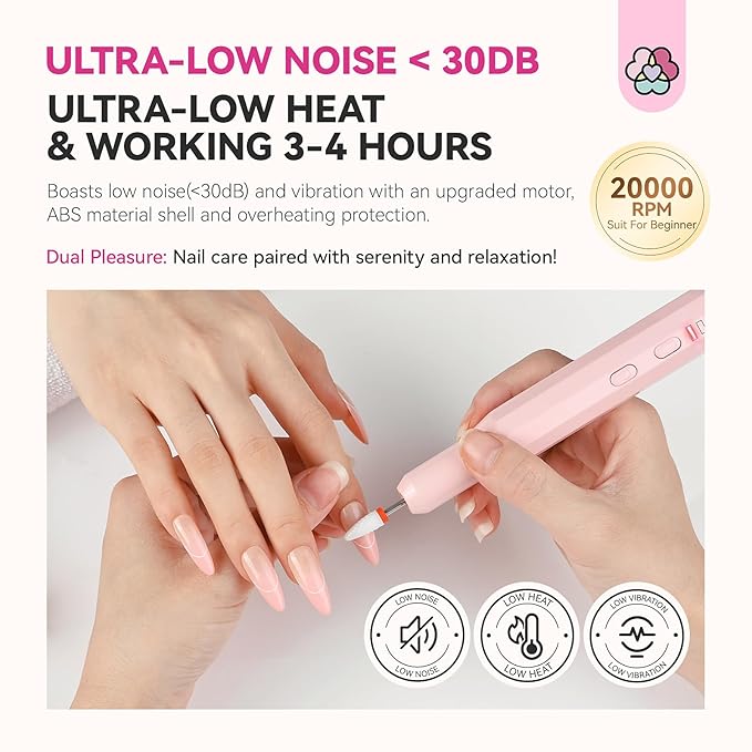 SAVILAND Cordless Nail Drill Kit: Ultra Low Noise 20000RPM Rechargeable Electric Nail File Portable Low Heat Nail Drill Machine with Complete Bits for Beginner Manicure Pedicure Home
