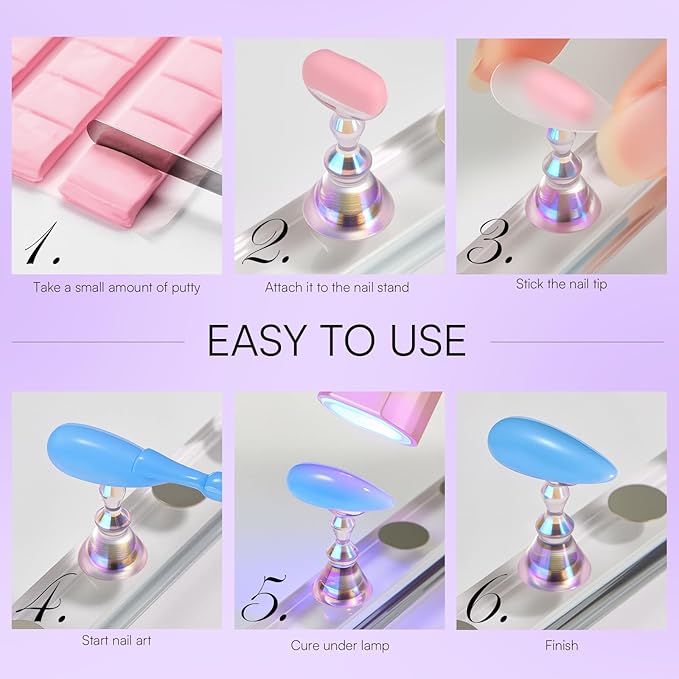 Makartt Nail Stand: Purple Nail Holder for Painting Nails DIY, Magnetic Press on Stand for Art Display Practice, Purple Glitter Flower Fake Holder for Home Salon with Reusable Adhesive Putty