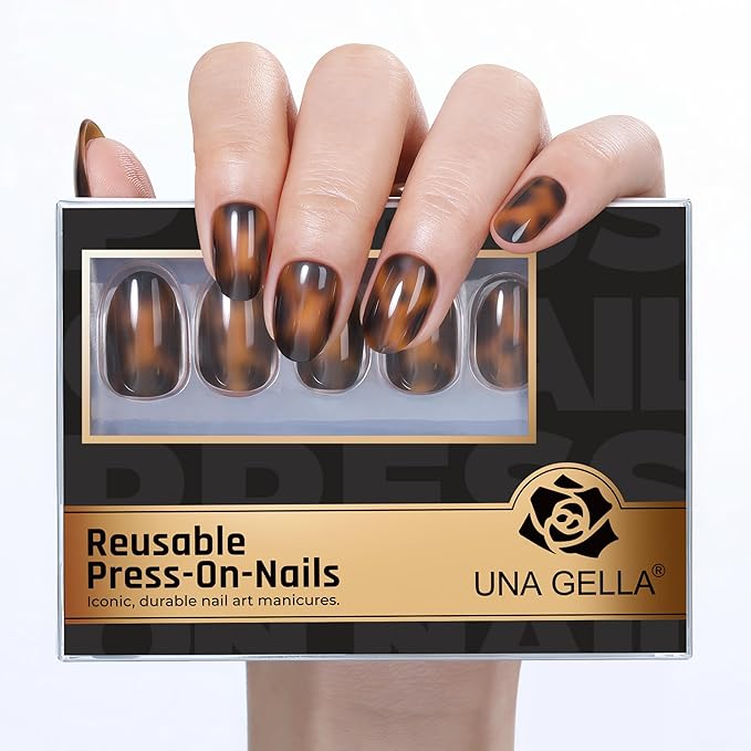 UNA GELLA 32Pcs Soft Gel Press on Nails - 16 Sizes Glossy Tortoise Shell Round Glue on Nails, Reusable Amber Pattern False Nails, Full Cover Acrylic Nail Kit for Women DIY Home Manicure
