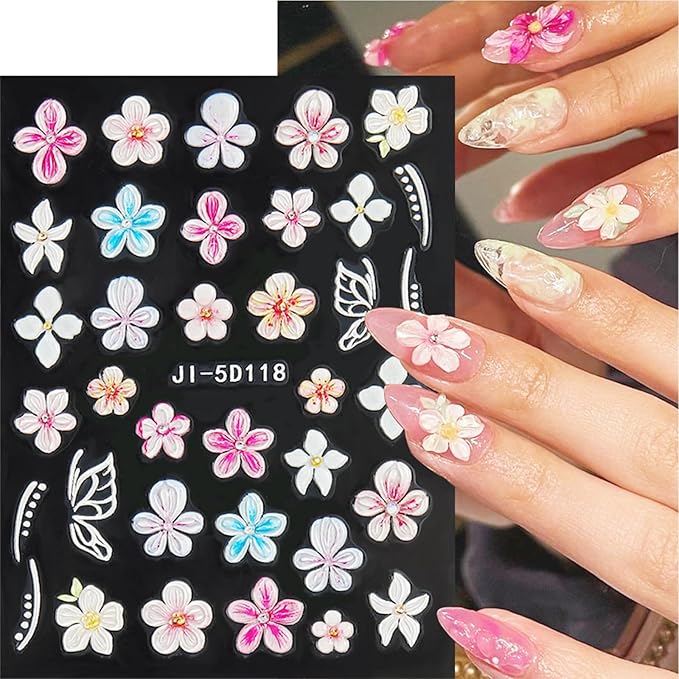 Nail Stickers, 5 Sheets Floral Nail Art Decals, Self-Adhesive 5D Embossed Designs for DIY Manicure