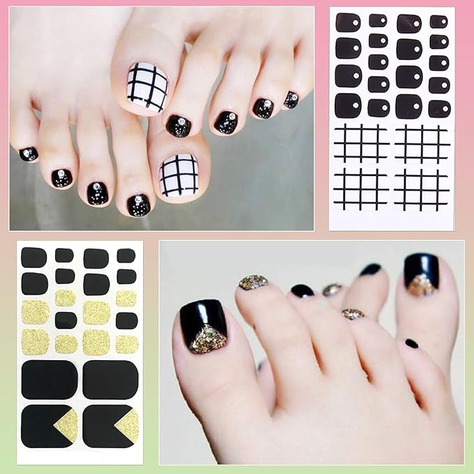 DANNEASY 20 Sheets Toe Nail Stickers Full Nail Wraps - Black, Toenails Polish Strips Self Adhesive Toenail Polish Stickers Gel Strips Manicure Sticker Nails for Women with File, Cuticle Stick