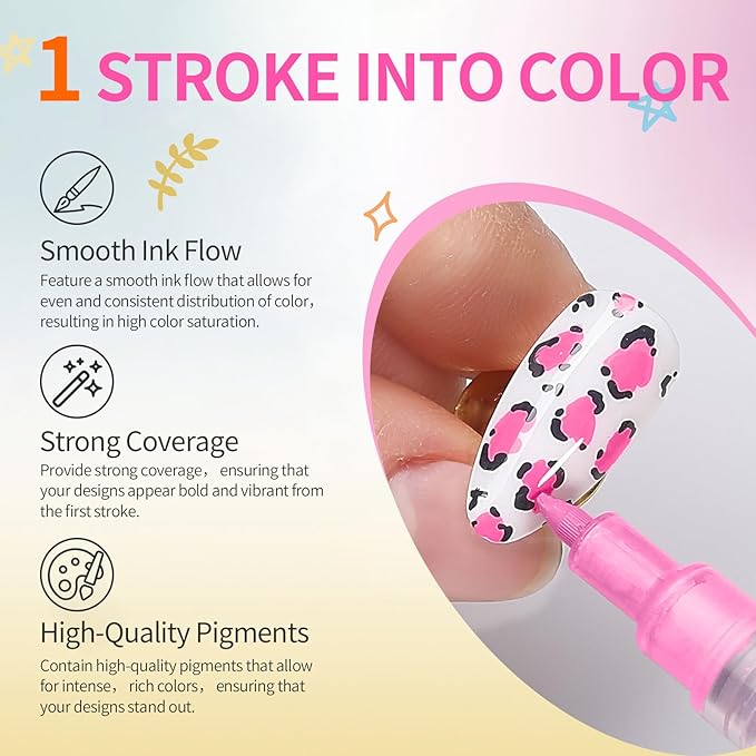 BORN PRETTY Nail Art Pens Set 12 Colors - Spring Summer Neon Colors 3D Nail Polish Acrylic Paint Pens Quick Dry Nail Markers for Nail Art Drawing Painting Dotting Liner Pen DIY Manicure Tools