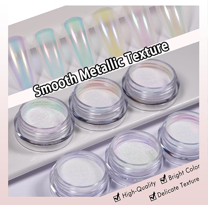 6 Colors Set 0.5g/Jar Chrome Nail Powder Mirror Effect Mermaid Aurora Pearl White Glitter Iridescent Pigment Color Shift Dust Nail Art Decoration