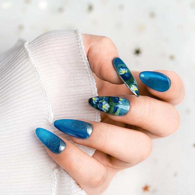Sun&Beam Nails Handmade Medium Long Almond Blue False Nail Tips with Cute 3D Flower Popular Charm Design Press On Nails 10 Pcs (#027 M)