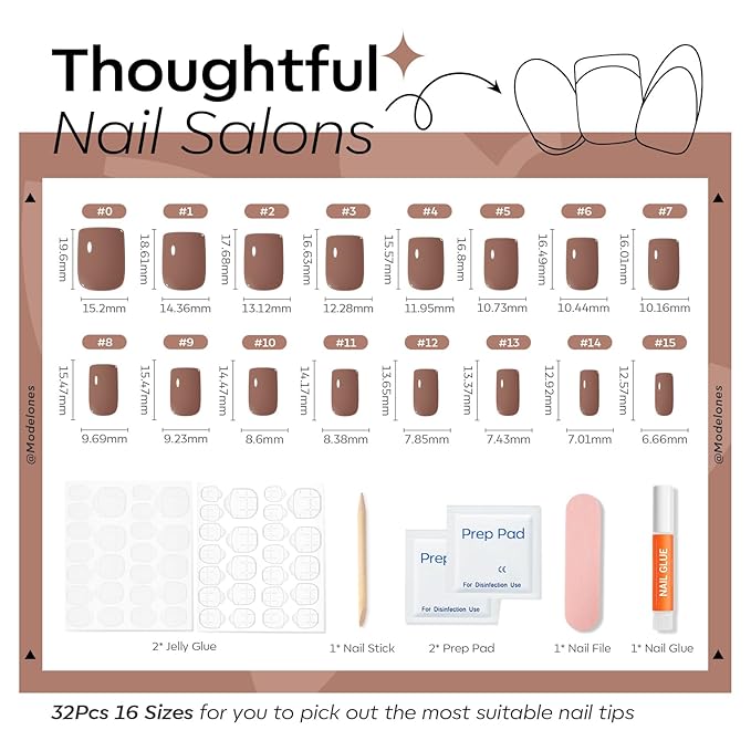 Modelones Mocha Brown Press on Nails, Short Square Fake Nails, Reusable Nail Kit with Nail Glue Adhesive Tabs Mini Nail File, Nails Press Ons 32Pcs16 Sizes, Women Girl Gift