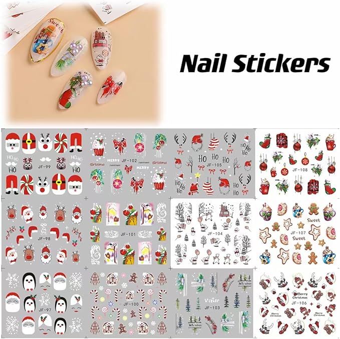 12 Sheets Christmas Nail Art Sticker Santa Claus Water Transfer Nail Decals Holiday Nail Decoration Winter Nail Stickers Christmas 3D Self Adhesive Nail Art Supplies for Women