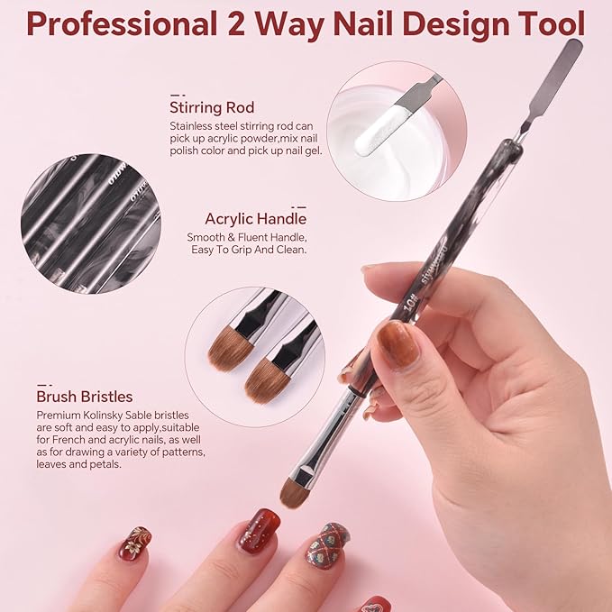 Kolinsky Sable Nail Brush French Nail Brush 2 Way Professional Gel Acrylic Nail Art Brush with Stirring Rod for French Manicure Cuticle Clean Up Nail Art Design Brush (10#)