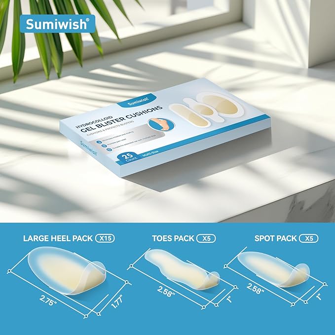 Sumiwish Blister Bandages - 25 ct - Hydrocolloid Pads for Faster Healing - Waterproof, Durable & Grab-N-Go Design - for Toes, Heels & Fingers(Variety Pack)