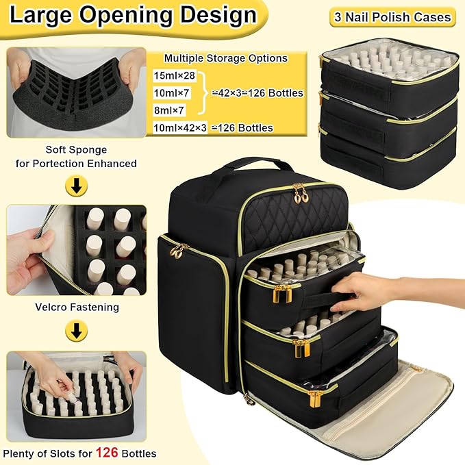 Nail Polish Organizer Backpack Holds 126 Bottles& Nail Lamp, Extra Large Nail Kit Supplies Organizer Bag with 3 Removable Cases, Portable Nail Organizers and Storage for Travel (Pure Black)
