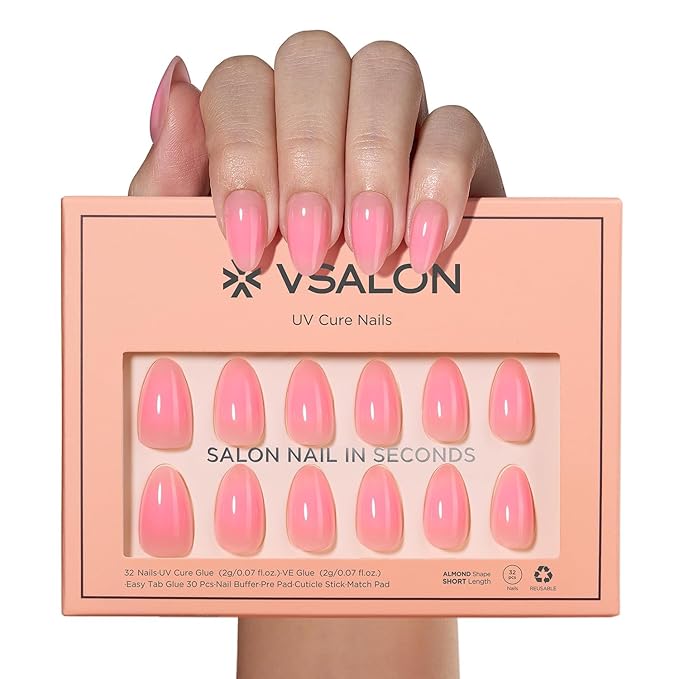 VSALON Almond Short Press On Nails, Sakura Pink Aura Light Curable Sheer Jelly Finish False Nails, Reusable Gel Glue on Nails Kit with Glue - 32 pcs in 16 Sizes