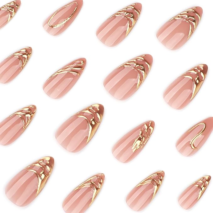 Press on Nails Almond - Medium Fake Nails with Gold Stripes Design - Golden Full Cover Stick on False Nails - for Women 24 Pcs