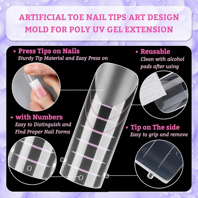 120pcs Long Square Dual Toe Nail Forms Clear Matte Full Cover Toenail Art Mold with Scale for Polygel Extension Beginners DIY Manicure with Dual-ended Brush Nail File Coffin Nails 12 Sizes