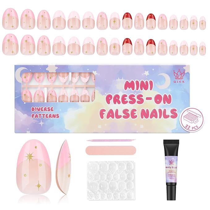 16 Sizes Press on Nails Kit for Kids - 32 Pieces French Almond Fake Nail Tips for Girls 8-12 Years Old with Jelly Nail Adhesives & No-Lamp Nail Glue, Birthday Christmas Gifts(Rose Pink French)