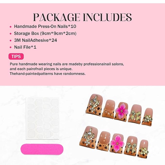 Short Duck Press on Nails Handmade Fake Nails Brown French Tip False Nails 3D Flower and Charms Designs Acrylic Nails Sparkly Reusable Stick on Nail for Wmen 10Pcs(Size M)