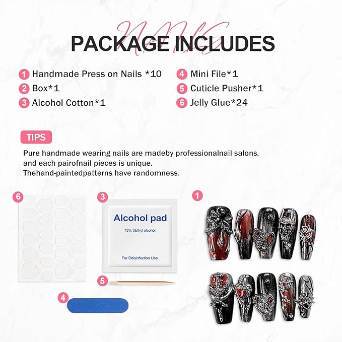 Halloween Press on Nails Handmade Manicure Art Reusable False Nails with Luxury 3D Skull Spider Web and Red Heart Designs Thick Acrylic Nail Medium Coffin Stick on Nail for Women (Size M)