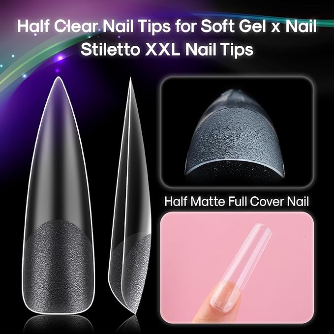 No C Curve XXL Stiletto Nail Tips, Half Matte Clear Half Cover, Stiletto Flat Tips for Acrylic Nails Art Design, Salons, Home DIY Nail Extension(12 Sizes 240PCS)
