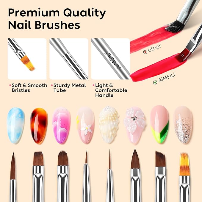 AIMEILI Nail Art Brushes for Nail Polish Gel, 8 Pcs Fingernail Art Design Pens, Dotting Pen Clean Up Liner French Nail Brush DIY Manicure Tools Gift