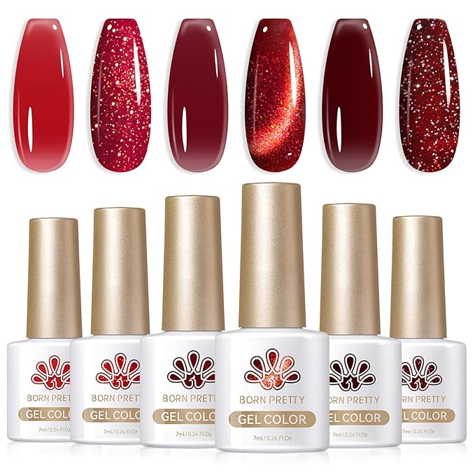 Born Pretty Jelly Red Burgundy Gel Nail Polish Valentine's Day Ruby Blood Red Glitter Cat Magnetic Eye Gel Nail Polish Wine Gel Polish Collection Soak Off U v Led Gel Nail Kit Minicure DIY Gift 6PCS