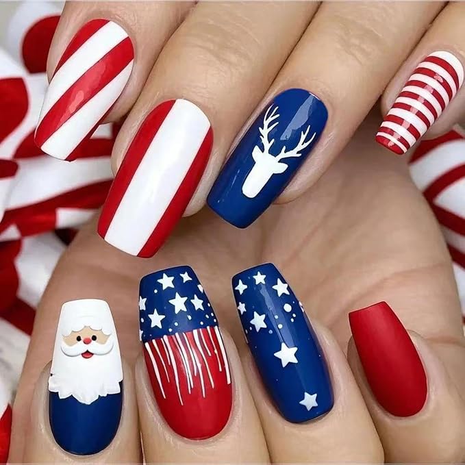 Independence Day Press on Nails Medium Coffin Fake Nails with Red White Striped Design Blue Santa Claus False Nails Elk Glue on Nail Glossy Summer 4th of July Christmas Nail for Women Manicure 24Pcs