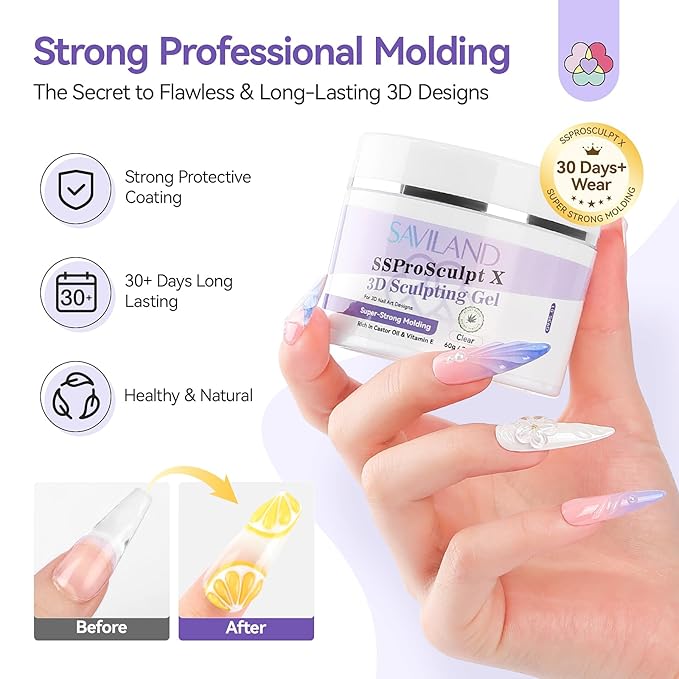 SAVILAND Sculpting Gel for Nail Art: 60 g Super Strong Solid Gel Builder 3D Gel Nail Art Clear Solid Sculpting Gels Non Sticky to Hands Extension Salon SSproSculpt X