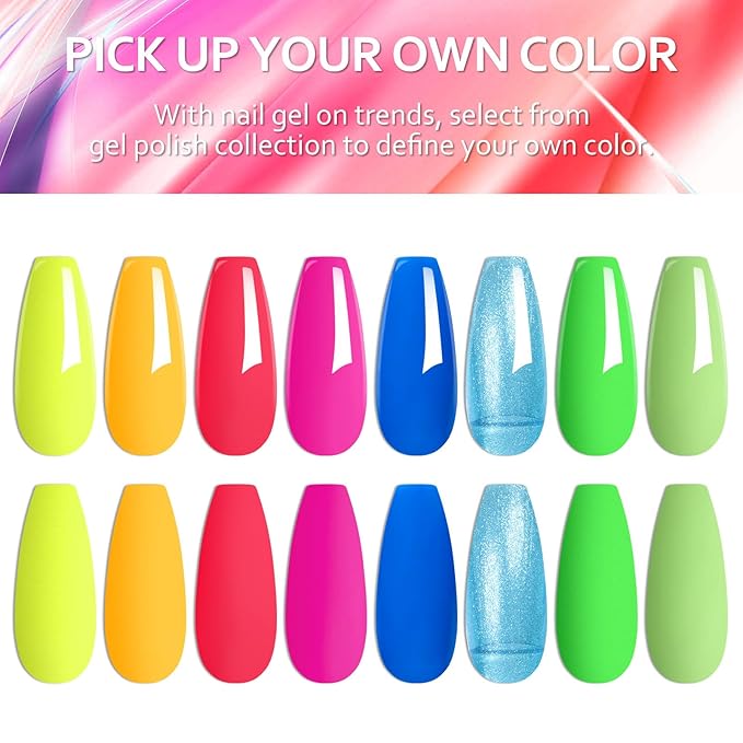 MTSSII Neon Gel Nail Polish Set, 8 Colors Hot Pink Orange Yellow Green Blue Red Neon Pastel Color Spring Summer Nail Polish Kit Fluorescent Gel Polish Set for Home DIY Manicure Nail Salon